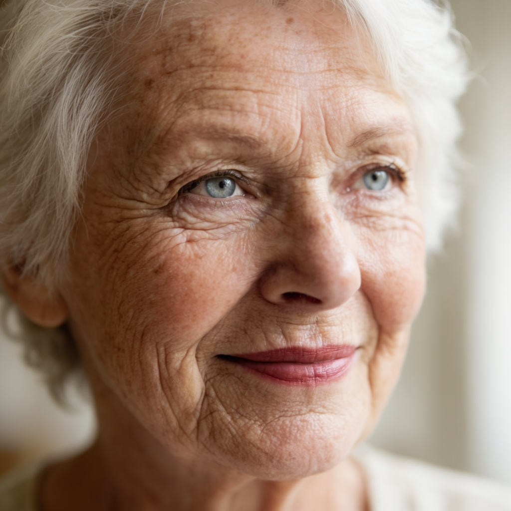 An elderly woman in her 80s with deep wrinkles and white hai