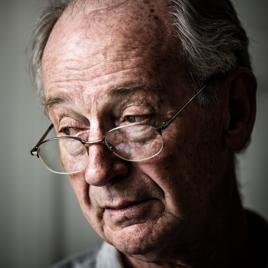 An elderly man in his 70s with age spots and thinning gray h