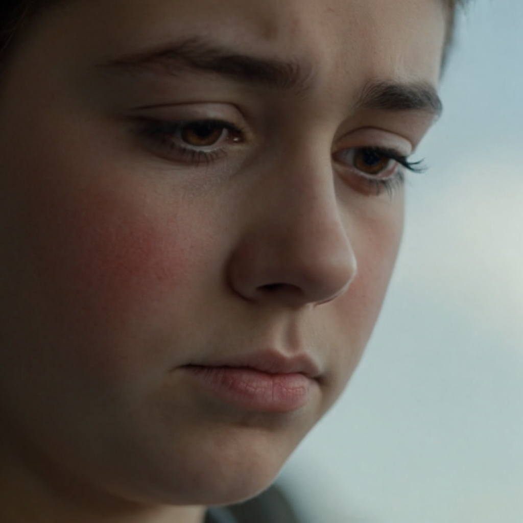 A face showing quiet melancholy — downcast eyes, slightly dr
