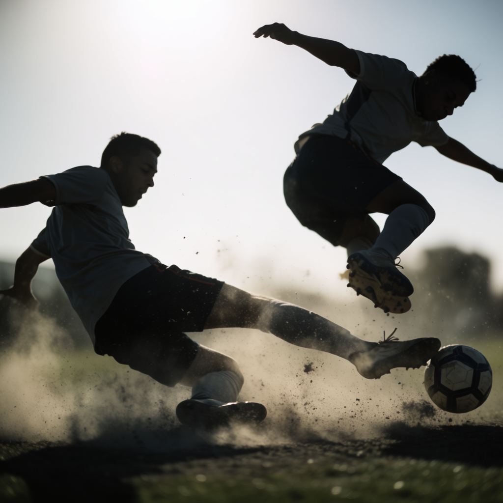 Two soccer players mid-tackle, one sliding and the other jum