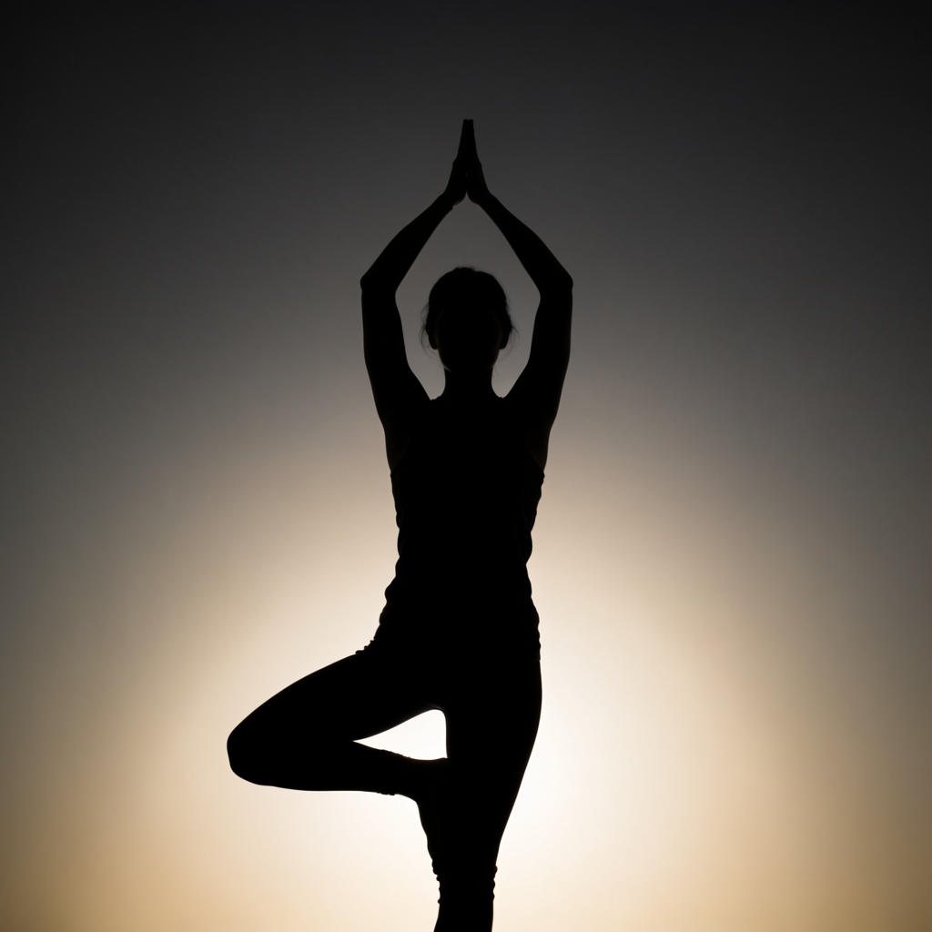 A person in a yoga tree pose — standing on one leg with the 