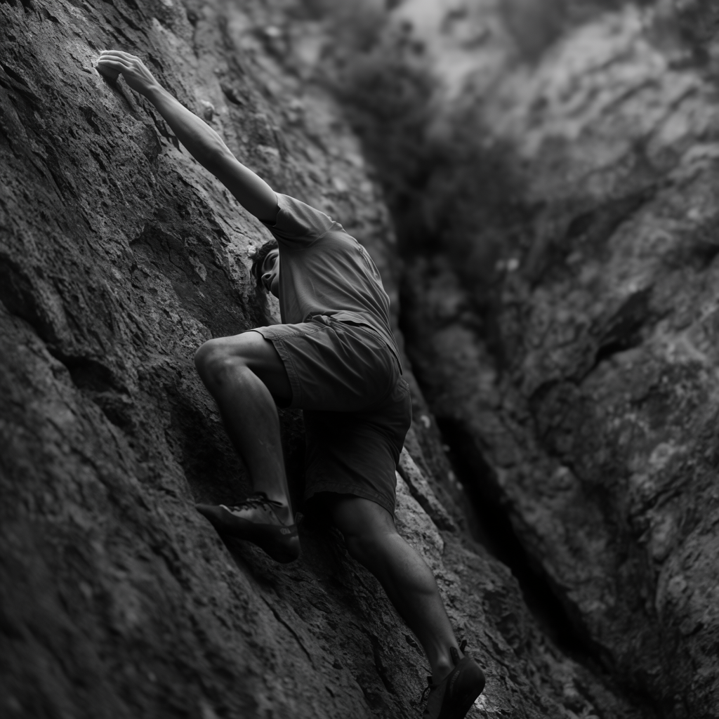 A rock climber clinging to a cliff face with arms and legs e