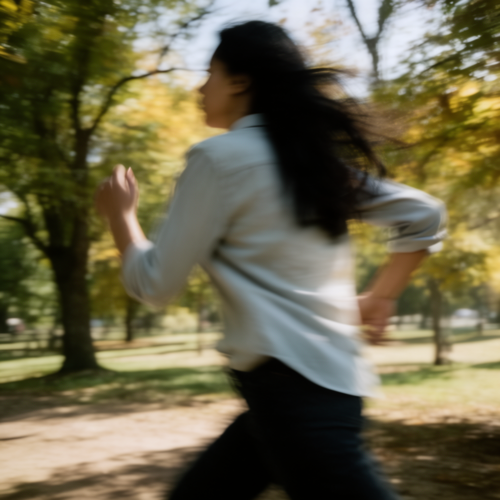 A woman mid-stride running through a park, hair and clothes 
