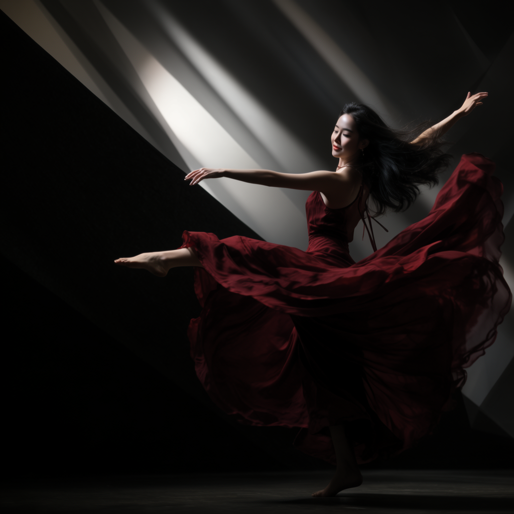 A dancer in a dynamic spin, dress flowing outward with one l