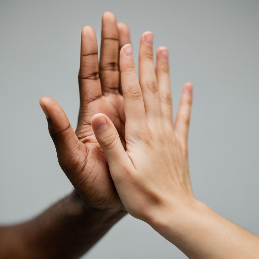 Two people doing a high-five, palms meeting with all fingers