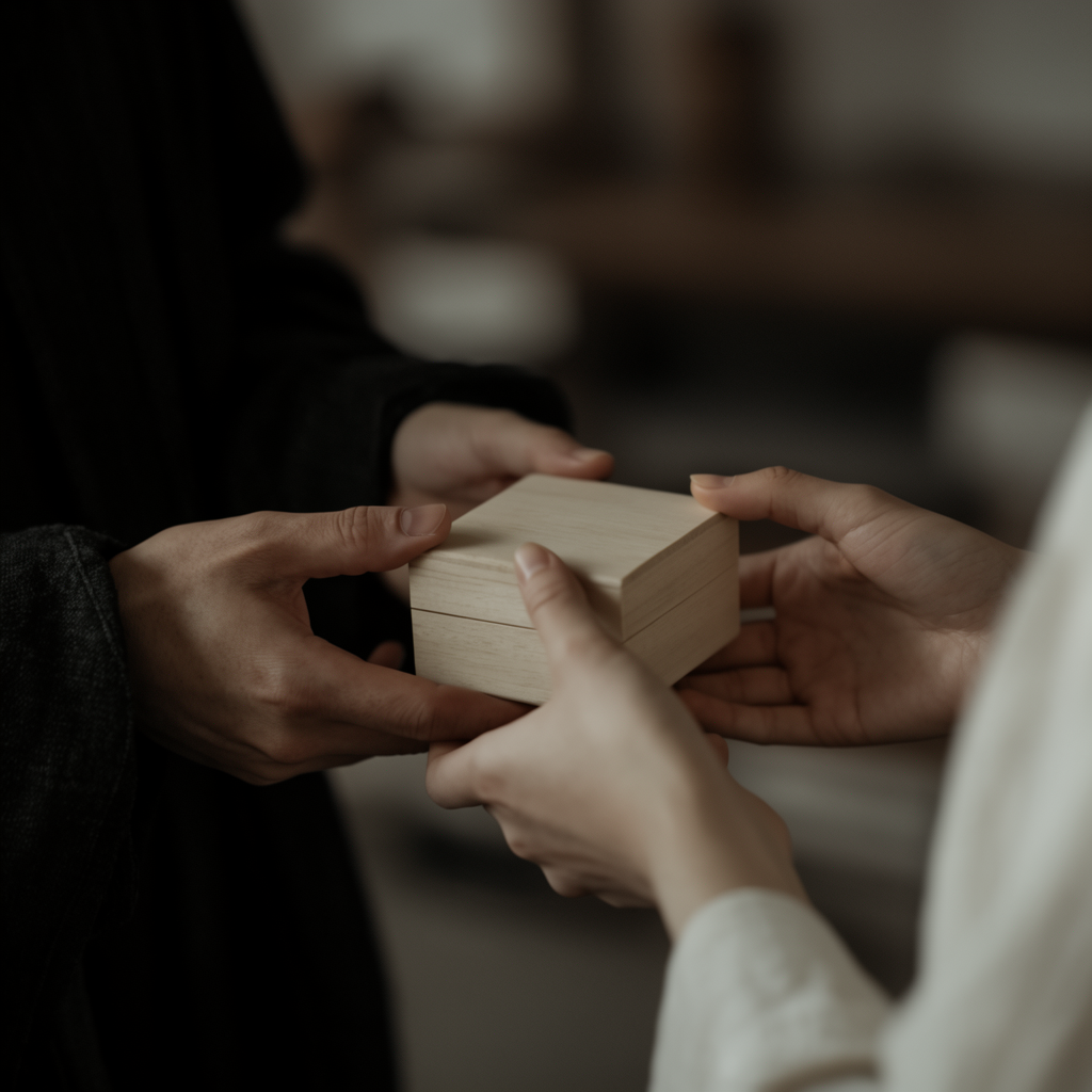 One person handing a small gift box to another person, both 