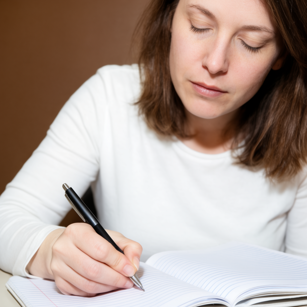 A woman writing in a notebook with a pen gripped correctly i