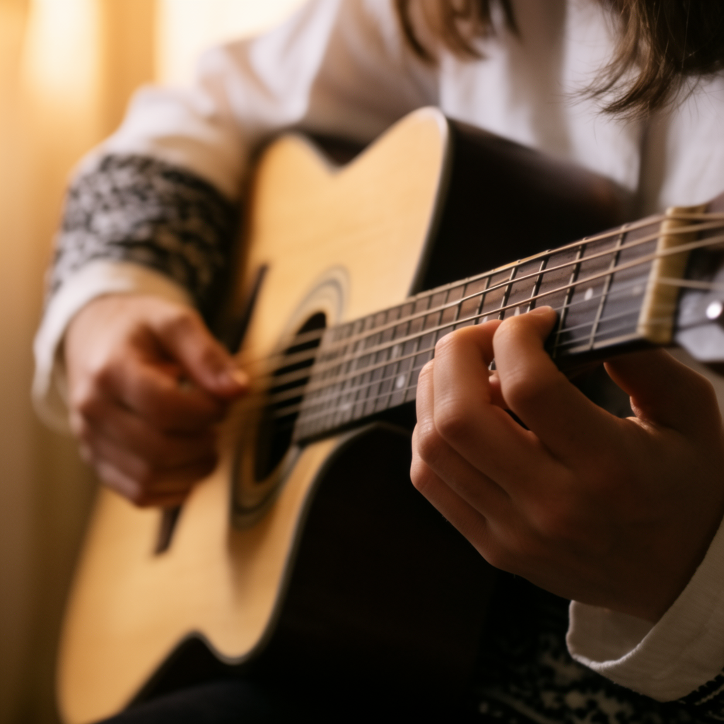 A person playing an acoustic guitar with left hand on the fr