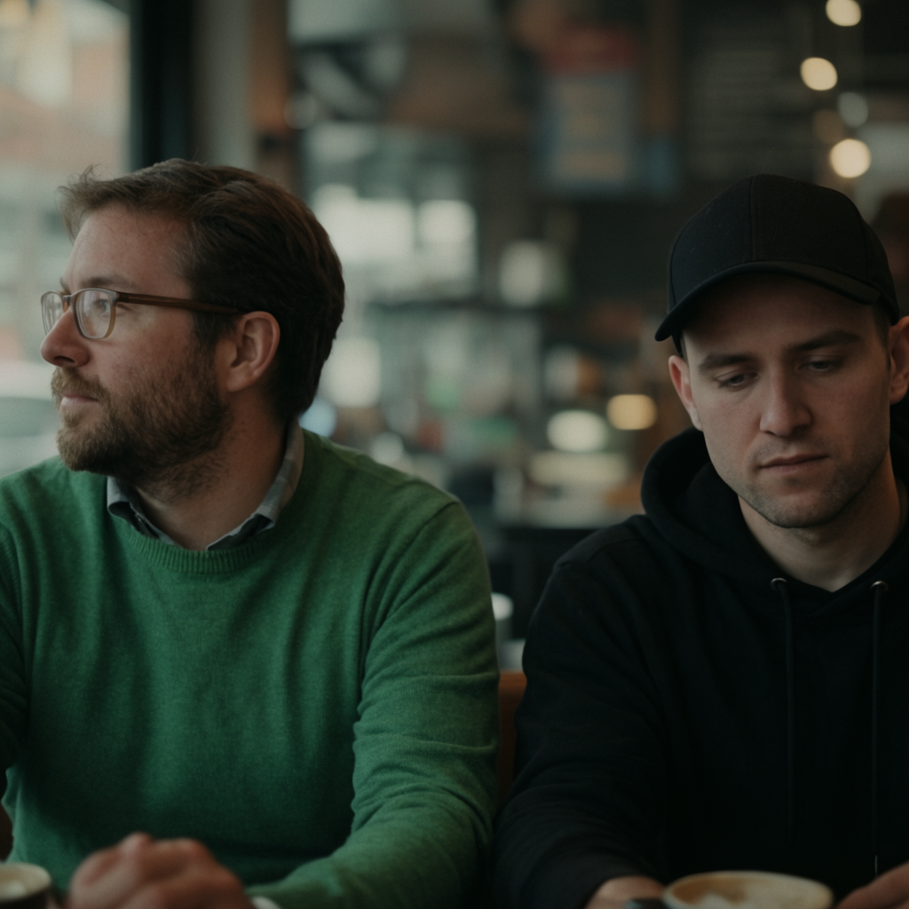 Two men at a cafe: one with a beard and glasses wearing a gr