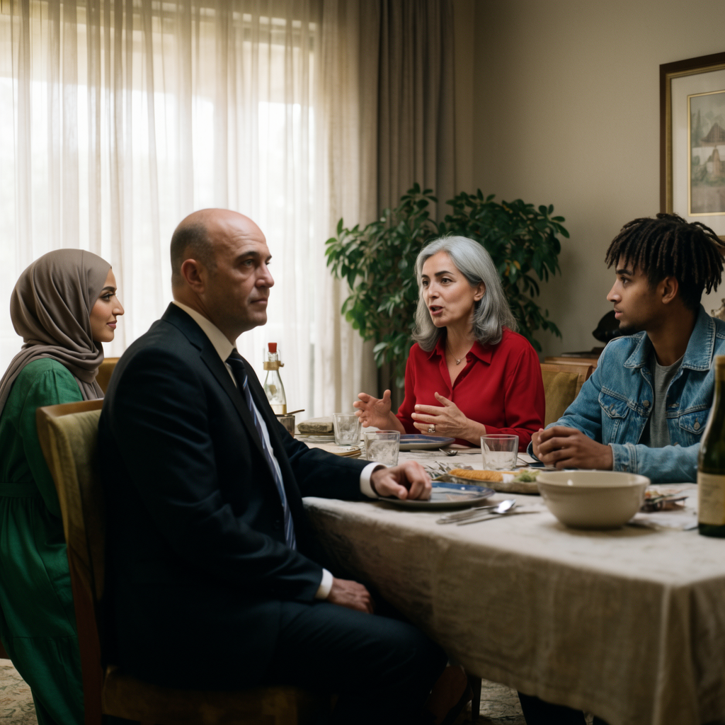 Four people at a dinner table: a bald man in a suit, a woman