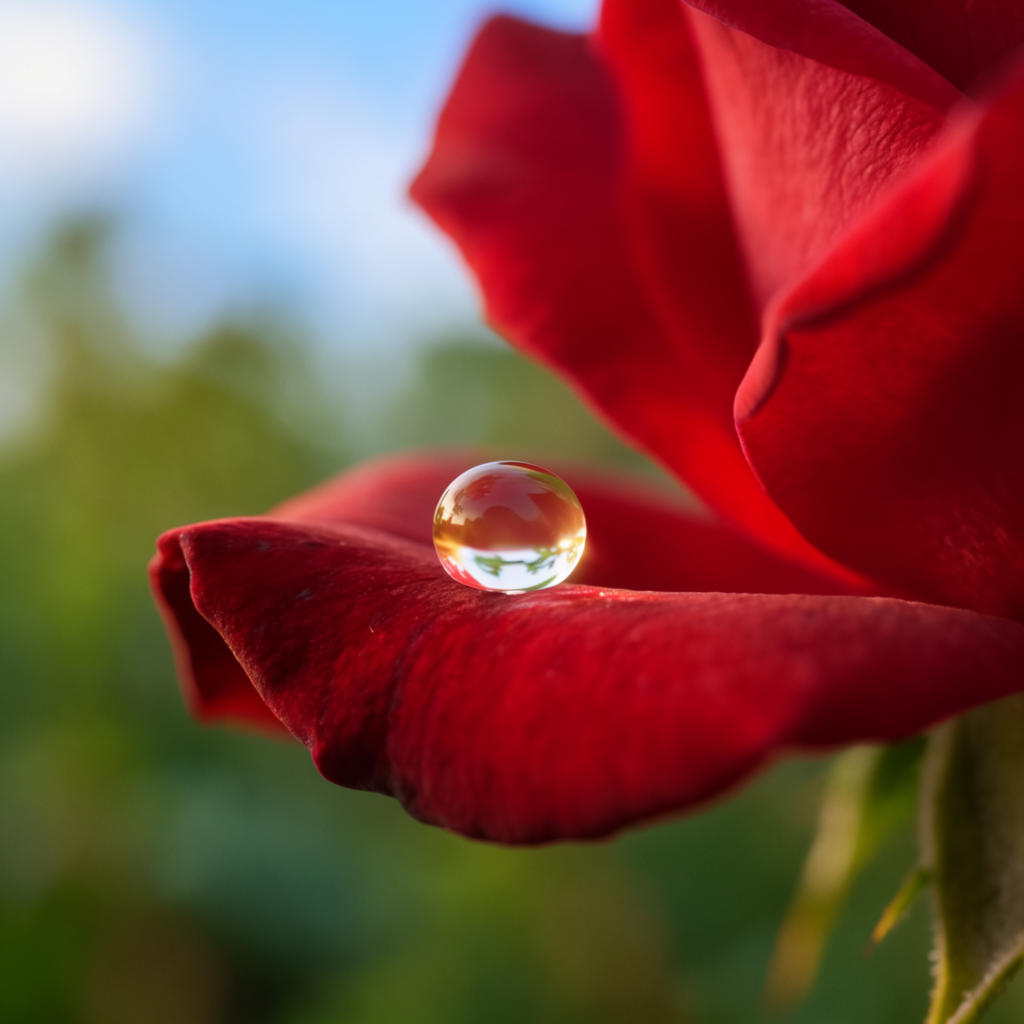 A close-up macro shot of a single dewdrop on a rose petal, s