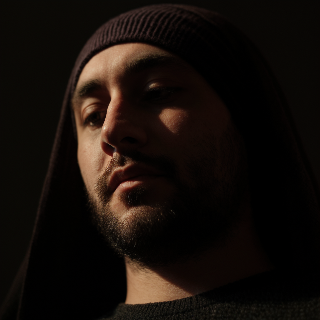 A portrait lit with classic Rembrandt lighting — triangle of