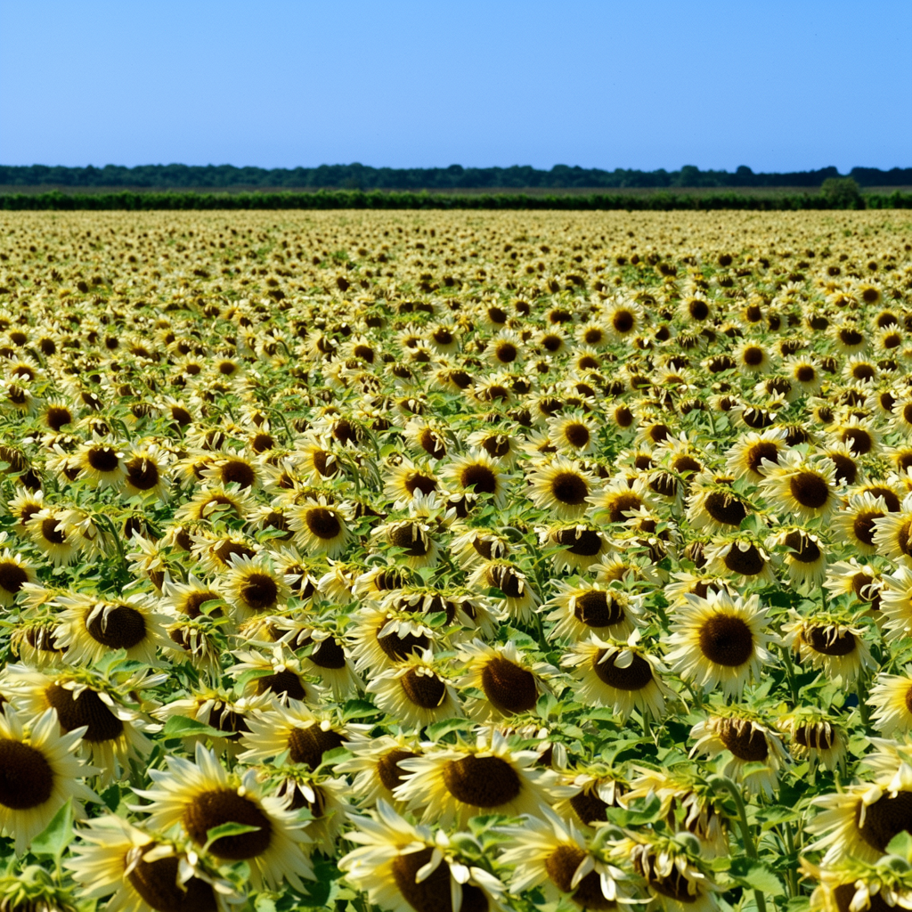 A field of pure sunflower yellow flowers under a clear blue 