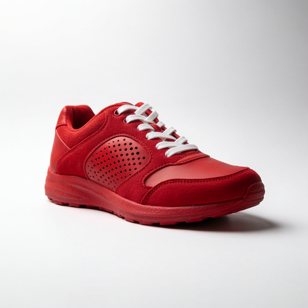 A single red sneaker on a clean white background with soft s