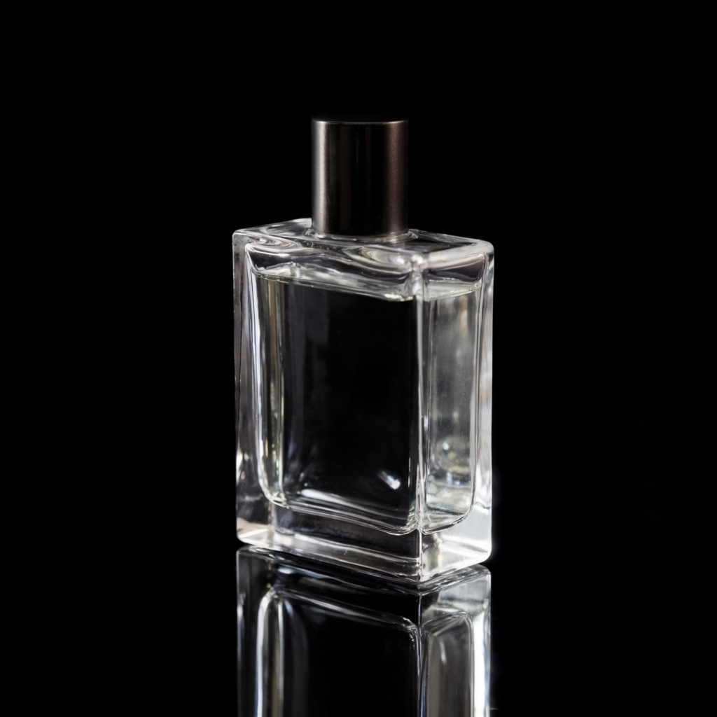 A clear glass perfume bottle on a reflective black surface w