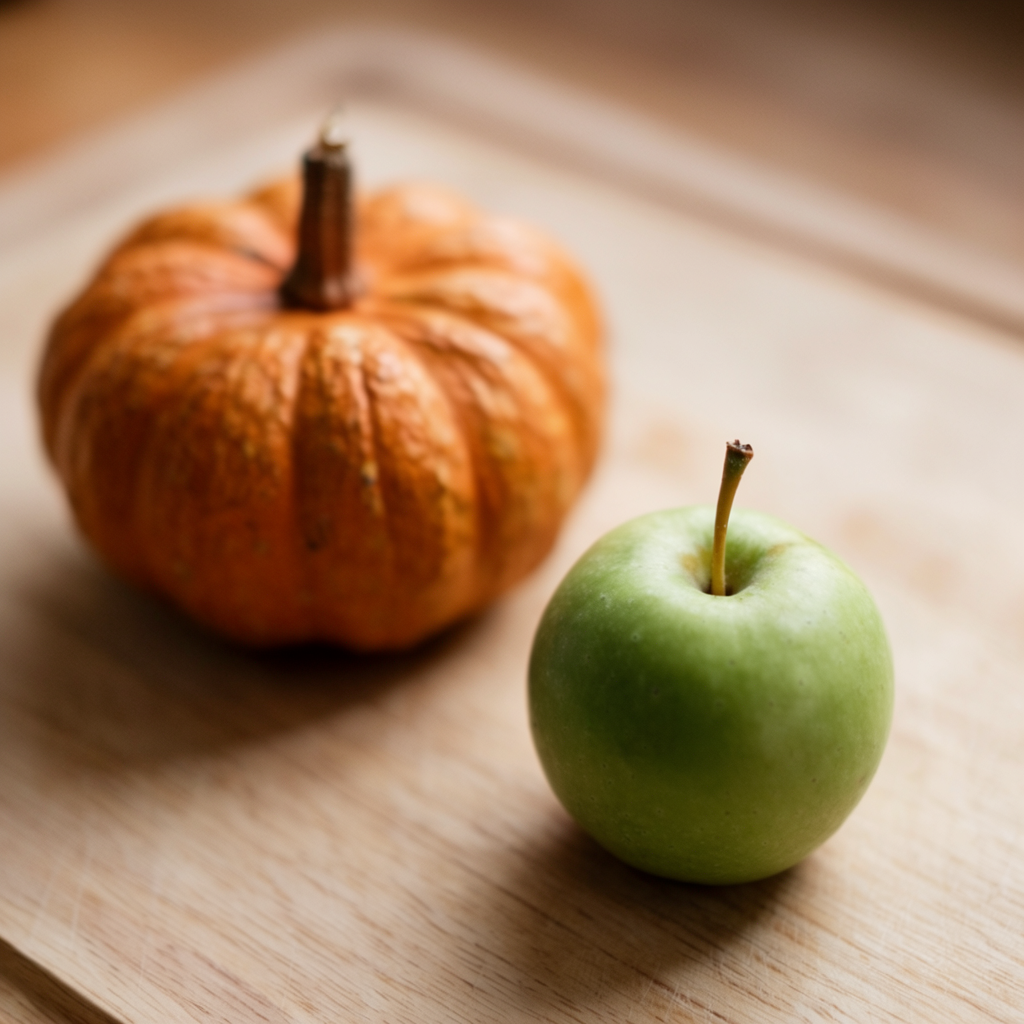 A green apple and an orange pumpkin on a wooden cutting boar