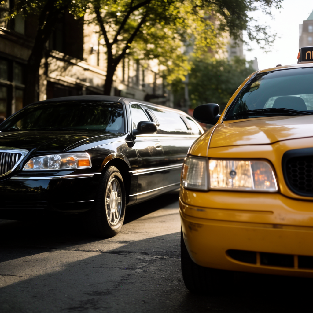 A yellow taxi and a black limousine parked next to each othe