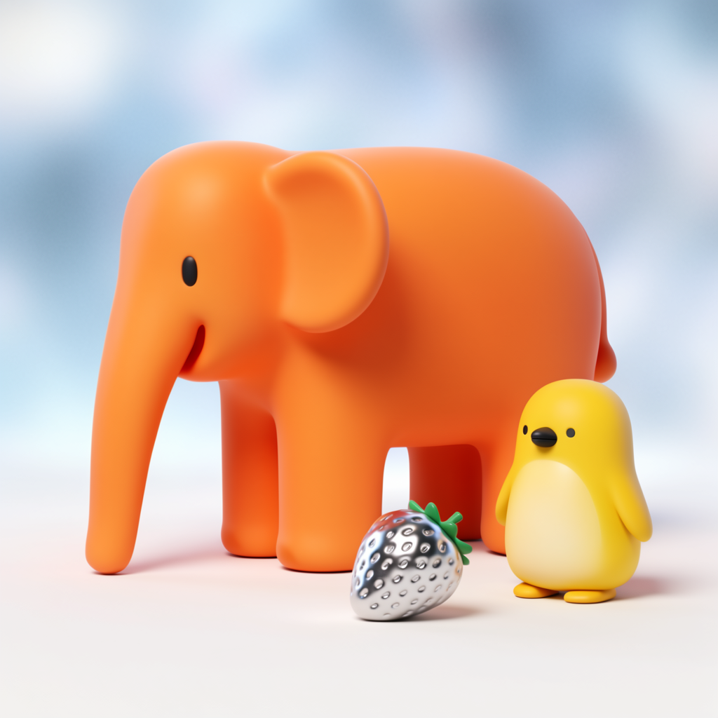 An orange elephant, a yellow penguin, and a silver strawberr