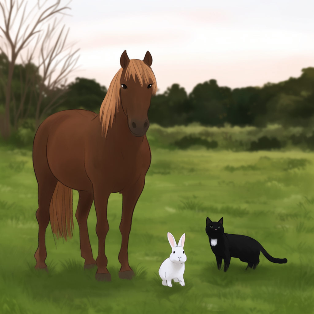 A big brown horse, a small white rabbit, and a medium-sized 