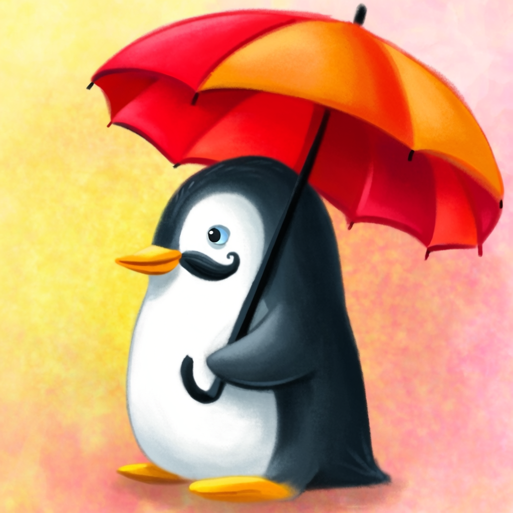 A penguin holding a colorful umbrella