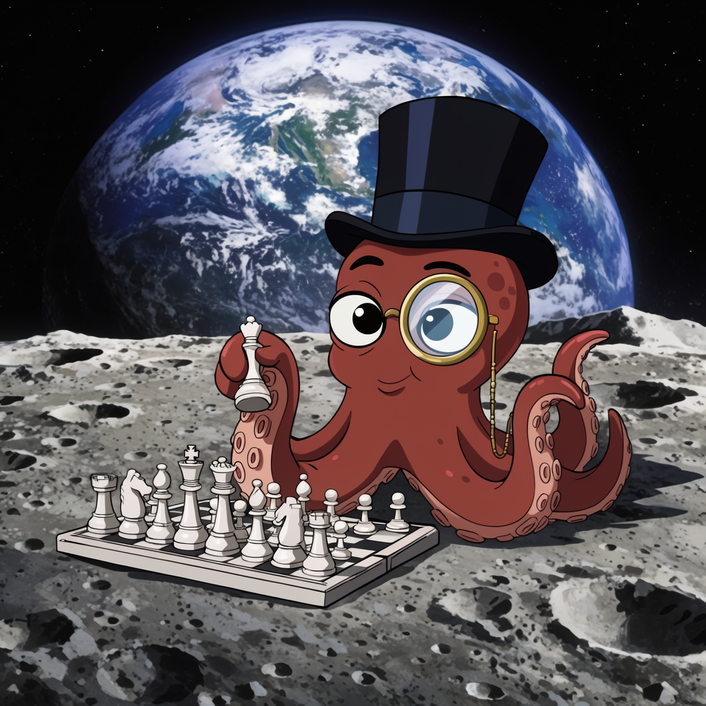 An octopus wearing a top hat and monocle playing chess on th