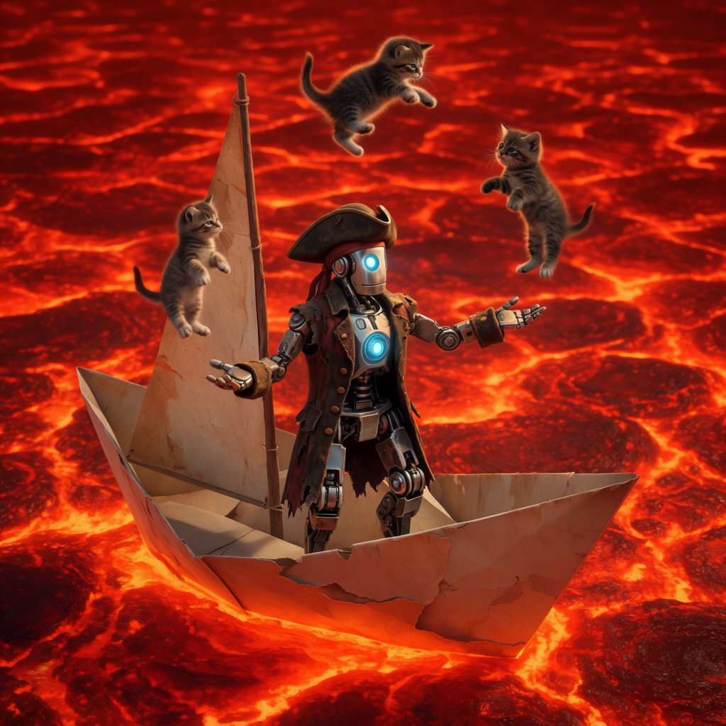 A robot dressed as a pirate sailing a paper boat on a lake o