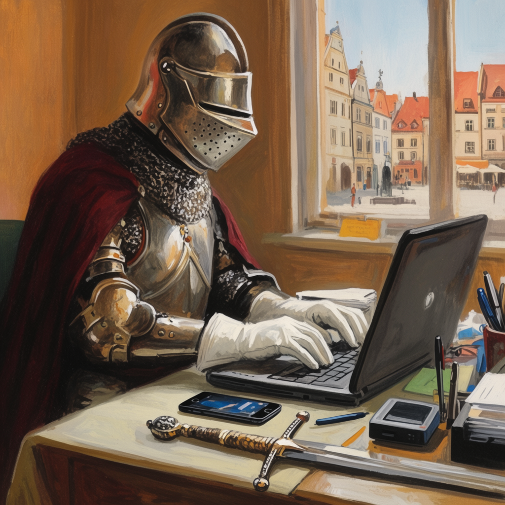 A medieval knight in full armor sitting at a desk typing on 