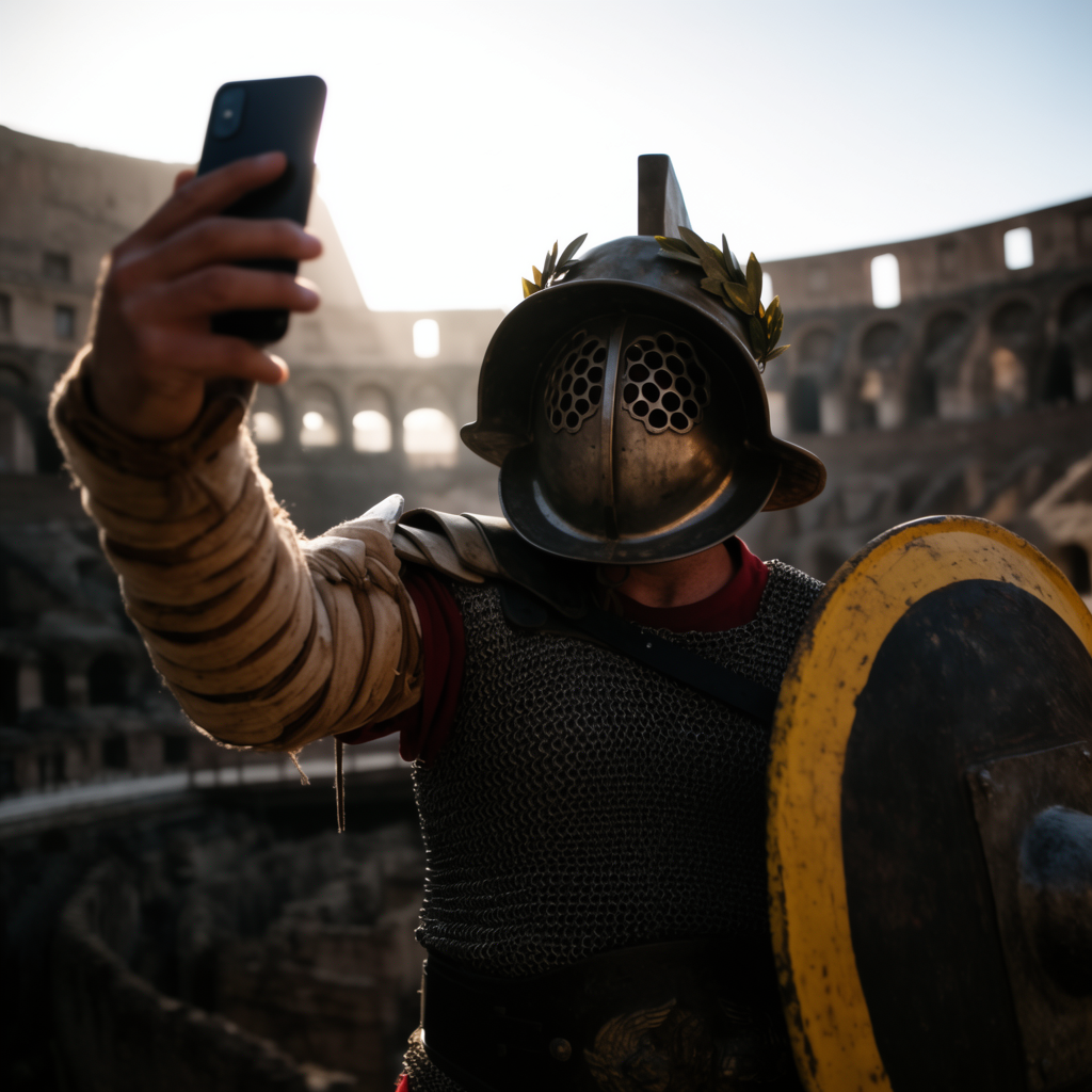 A Roman gladiator taking a selfie with a smartphone in the C