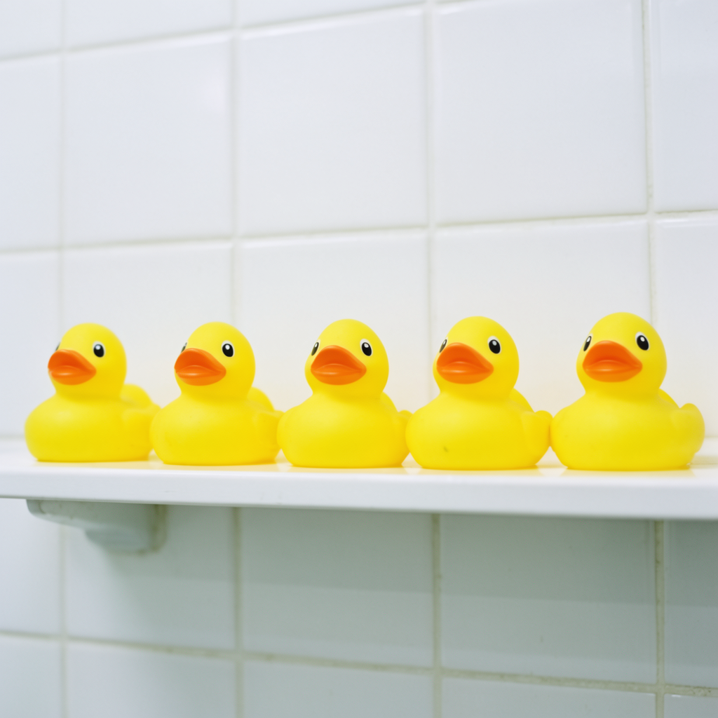 Exactly 5 yellow rubber ducks sitting in a row on a bathroom