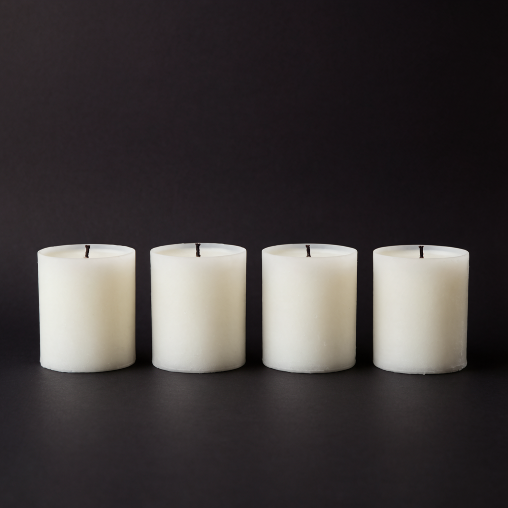Exactly 4 white candles standing on a dark surface