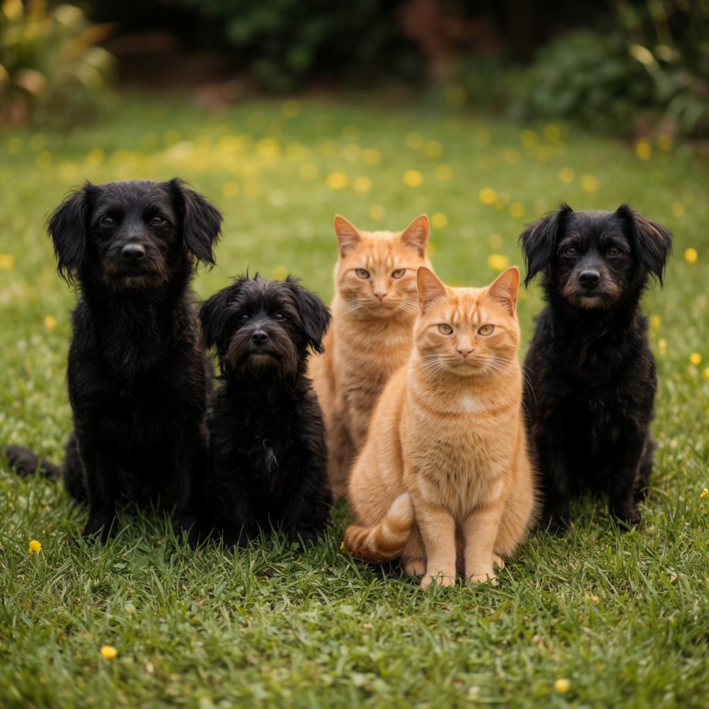 2 orange cats and 3 black dogs sitting together on a grassy 