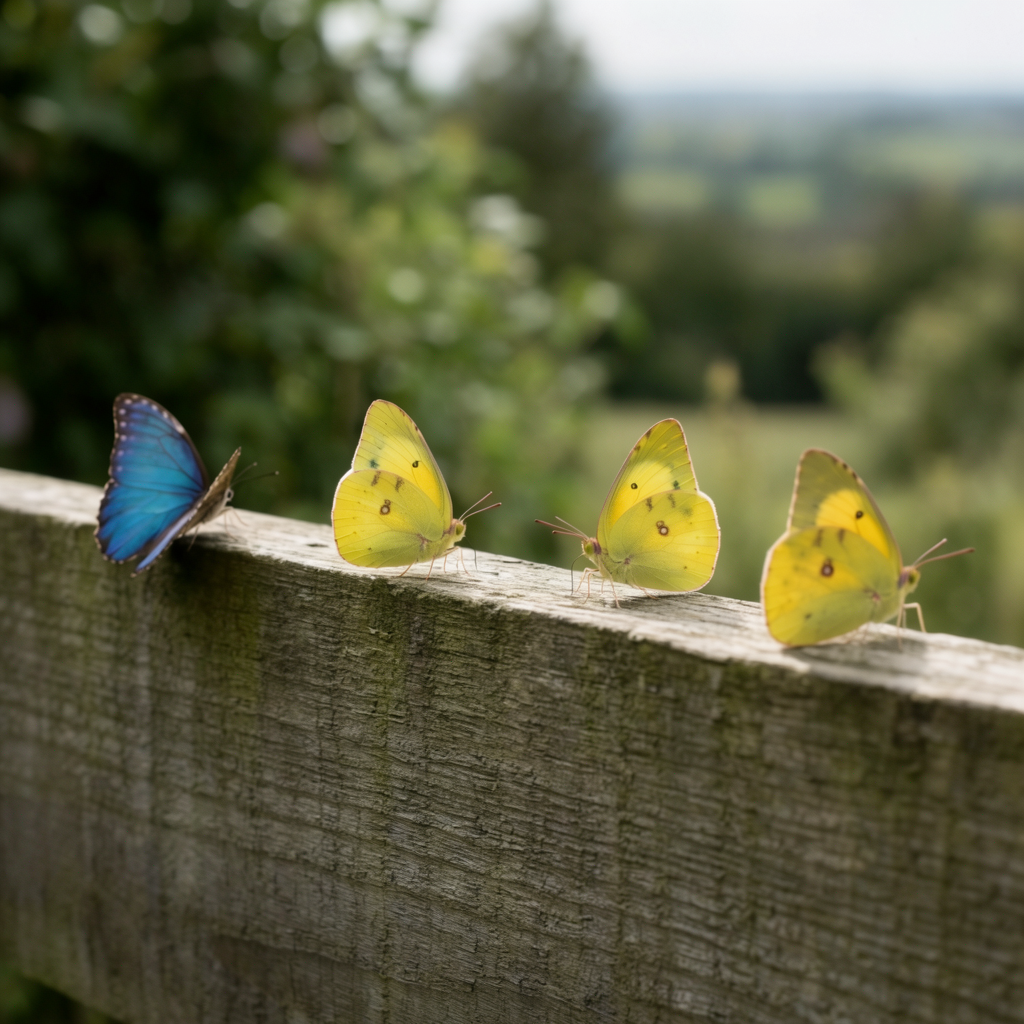 1 blue butterfly and 3 yellow butterflies resting on a garde