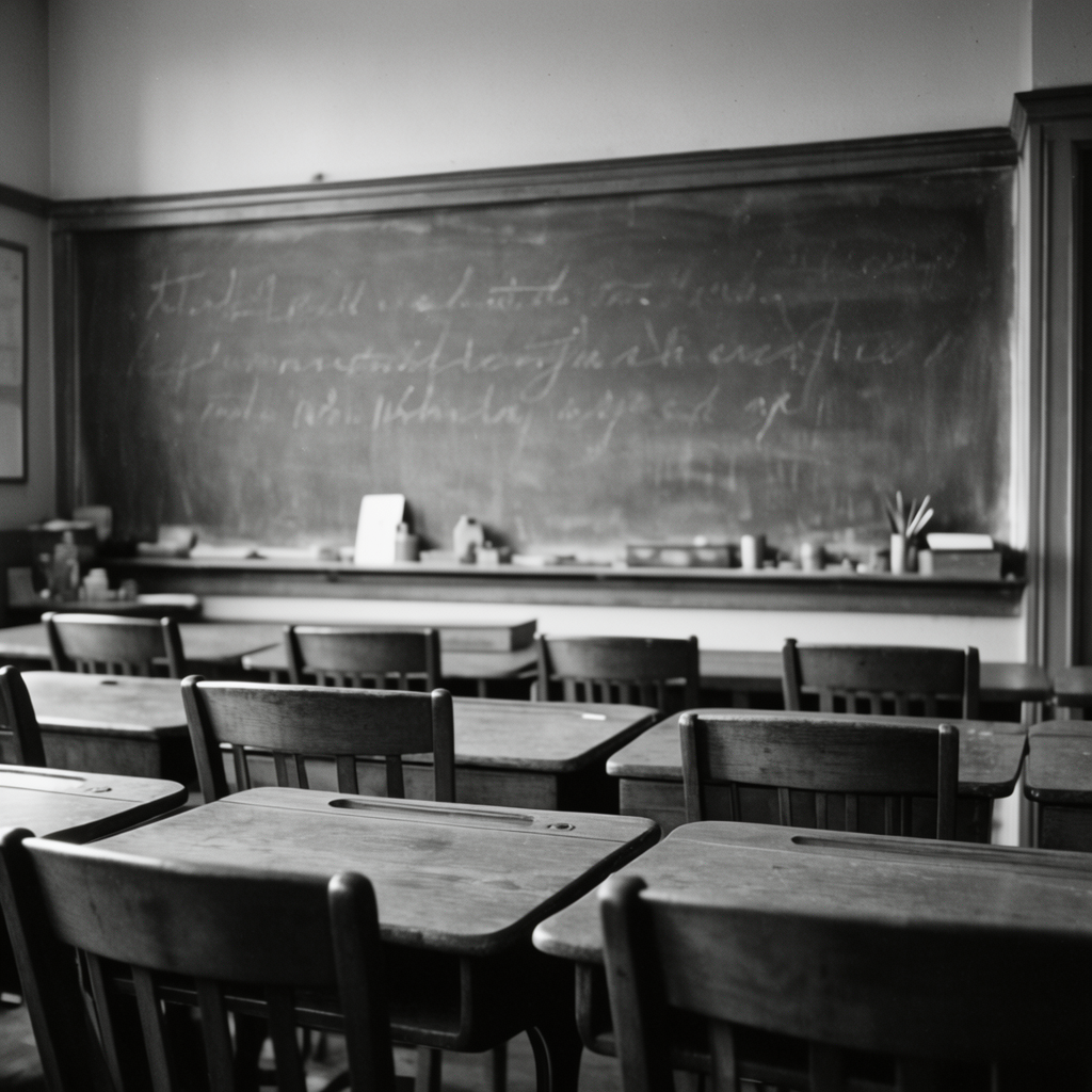 A classroom with desks and a chalkboard but no students