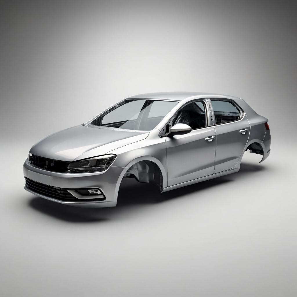 A car body with windows, doors, and headlights but no wheels