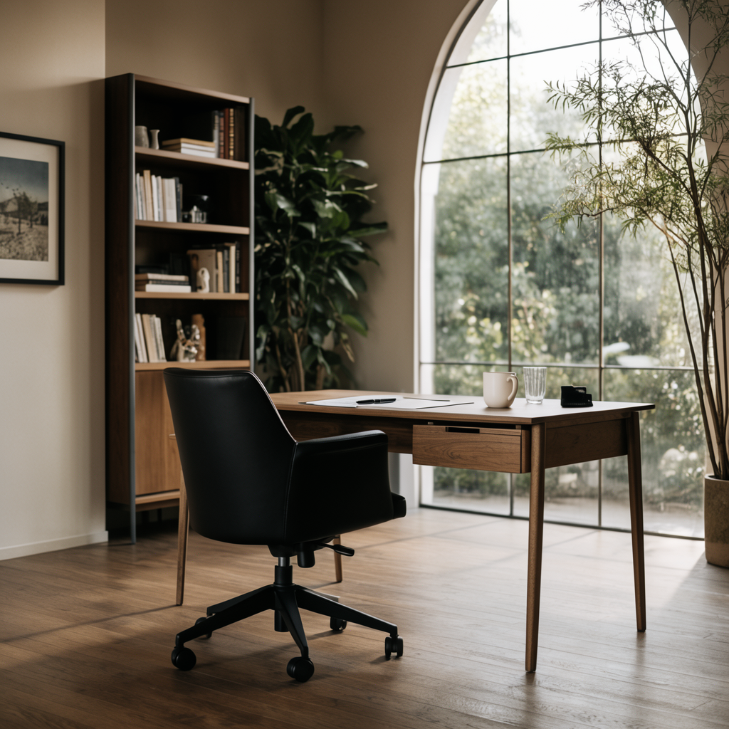 An office workspace with a desk, chair, bookshelf, and lamp 