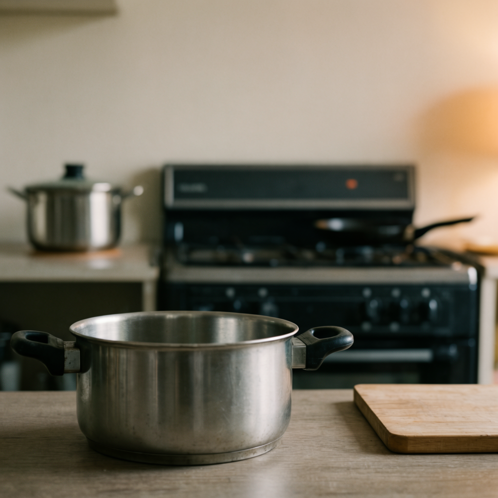 A kitchen with pots, pans, a stove, and a cutting board but 