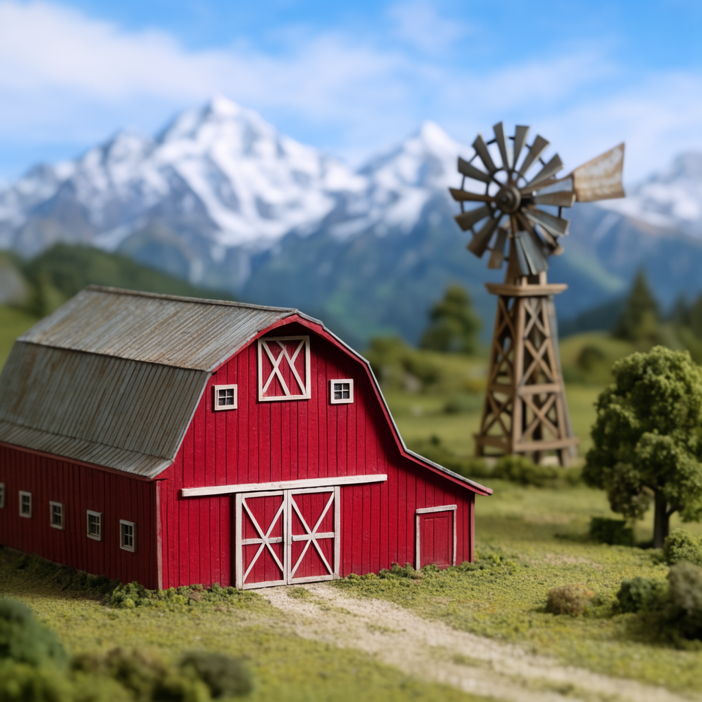 A landscape with a red barn in the foreground at large scale