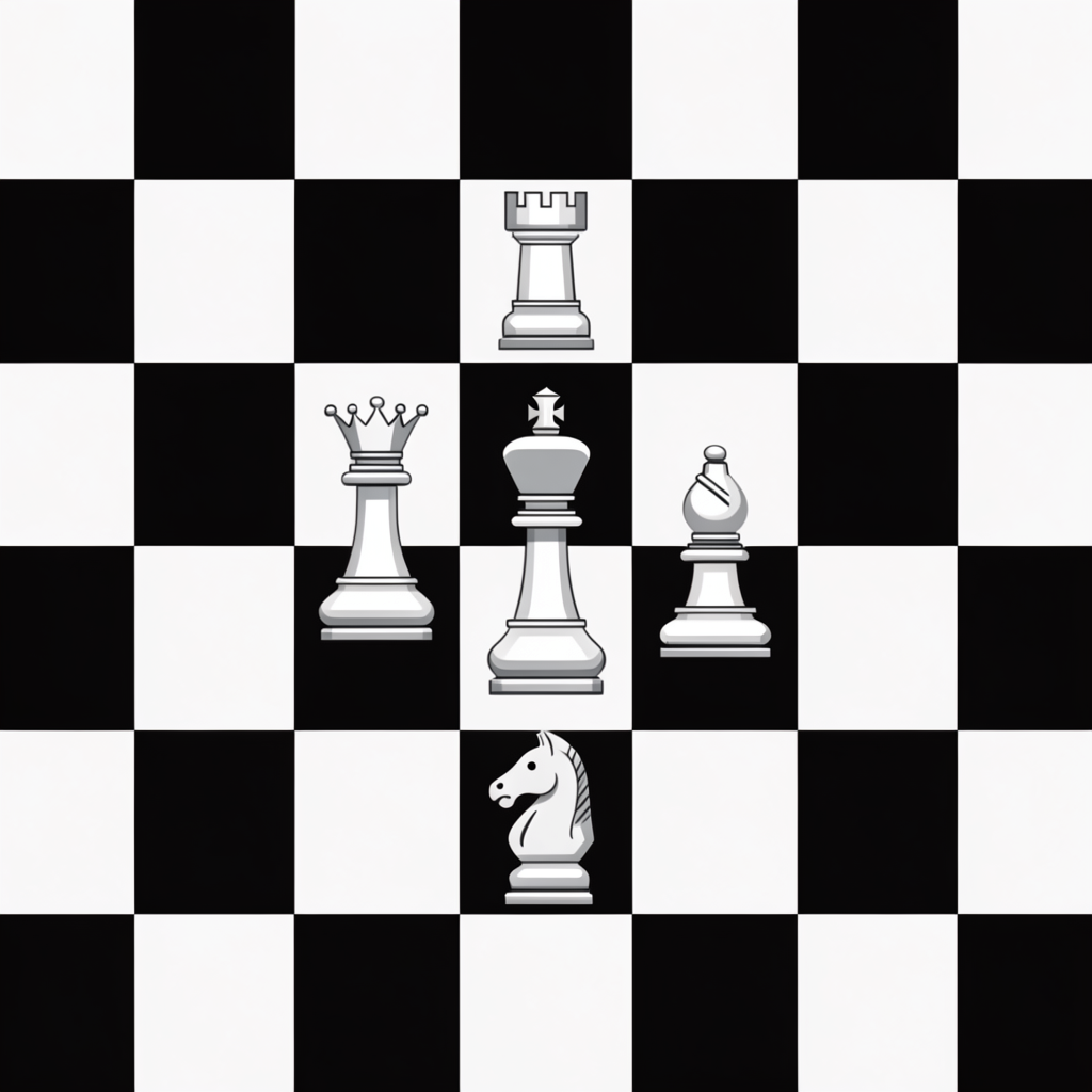 Five chess pieces on a board: a king in the center, a queen 