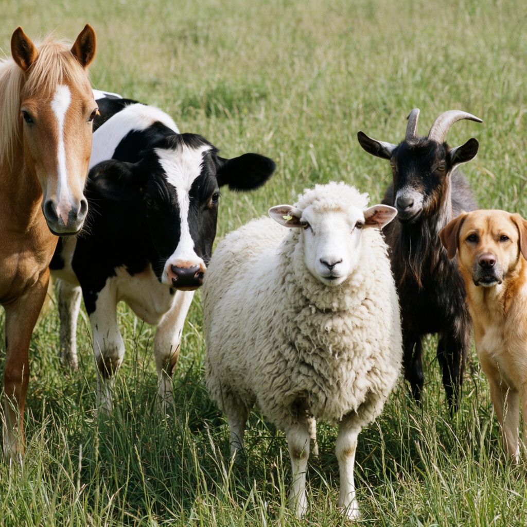 Five animals in a field: a horse on the far left, a cow to t