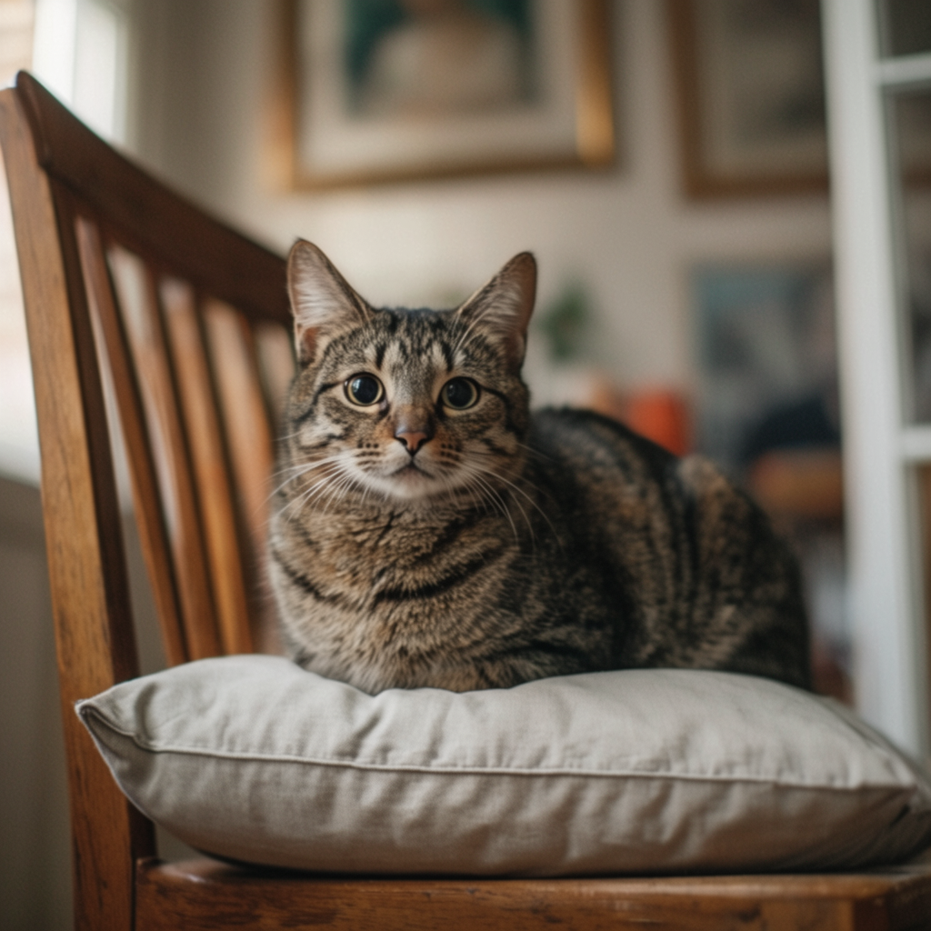 A cat sitting on a pillow, the pillow placed on a wooden cha