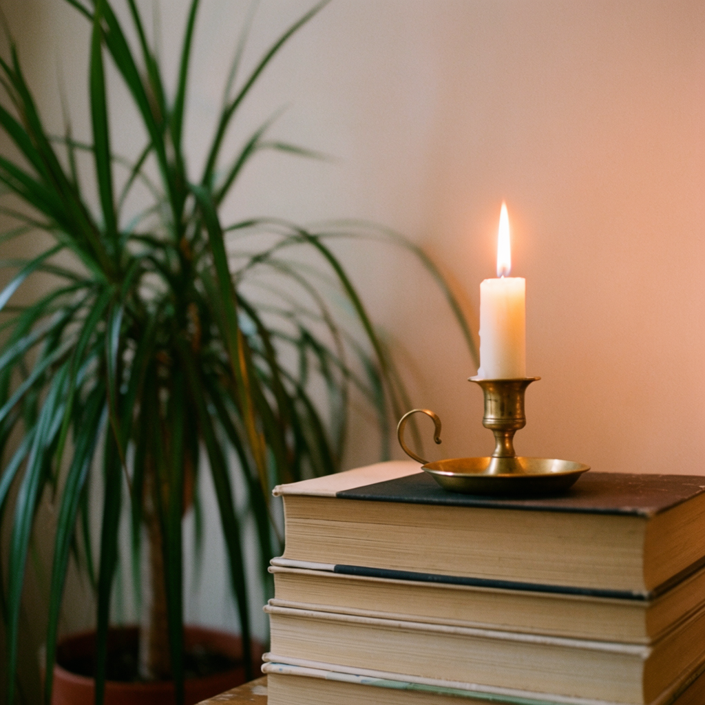 A candle on top of a stack of books, the books next to a pot