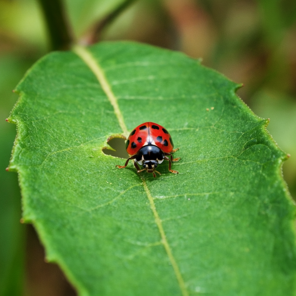 A ladybug sitting on a large green leaf, shown at realistic 