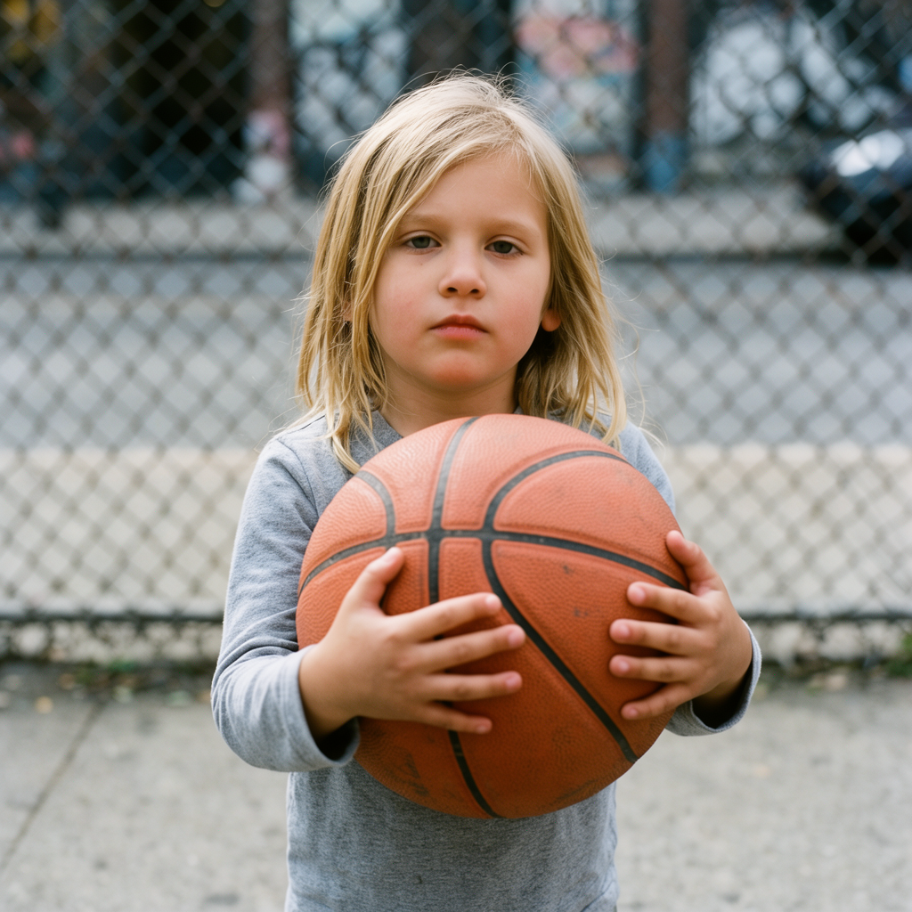 A child holding a basketball, both at correct relative sizes