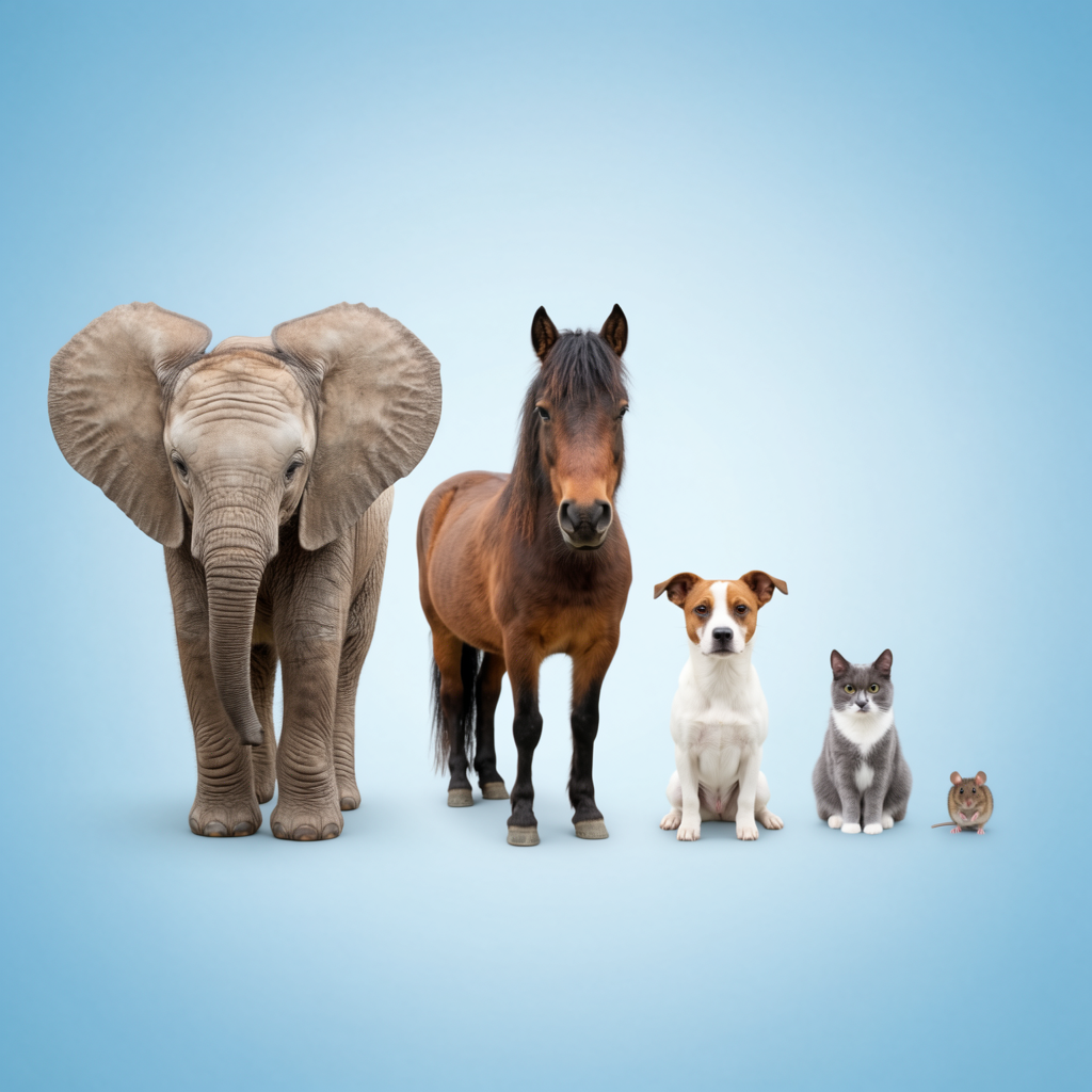 A group photo of an elephant, a horse, a dog, a cat, and a m
