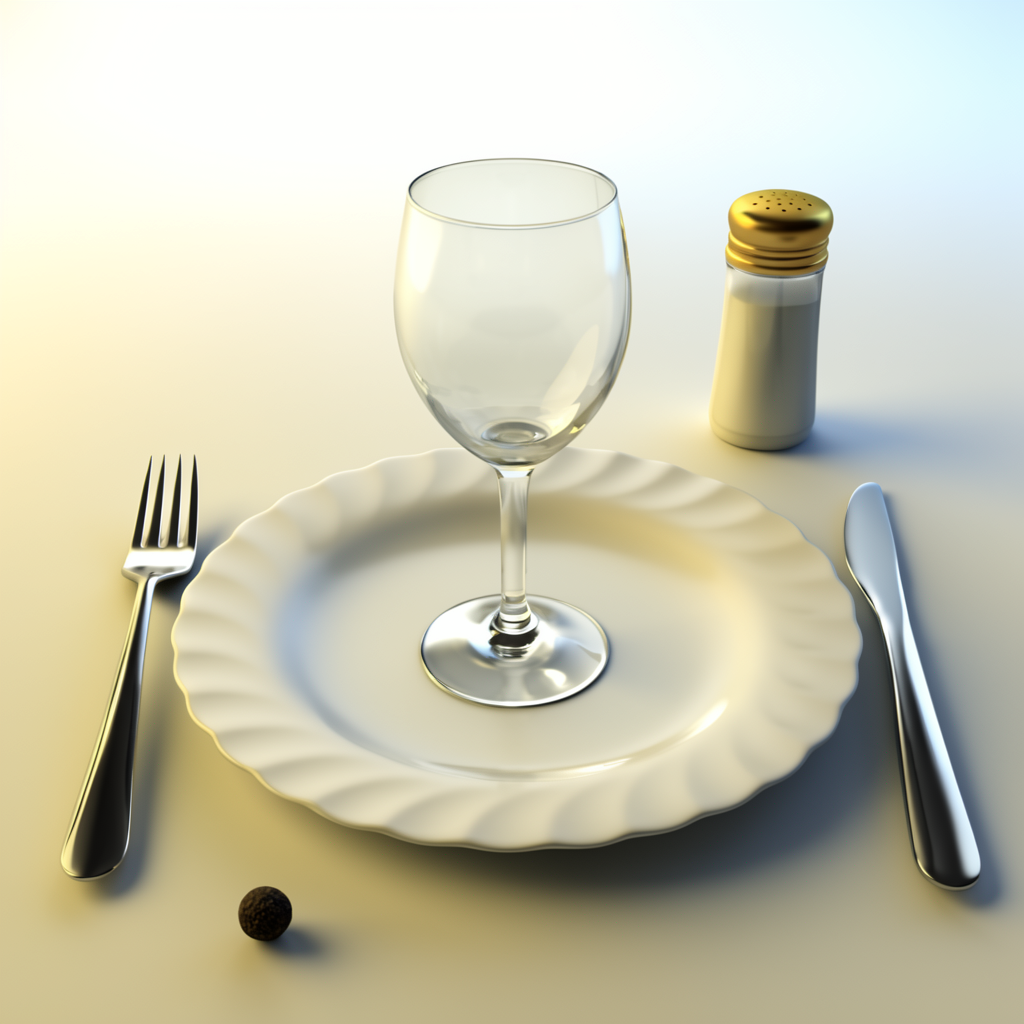 A dinner table scene with a plate, fork, knife, wine glass, 