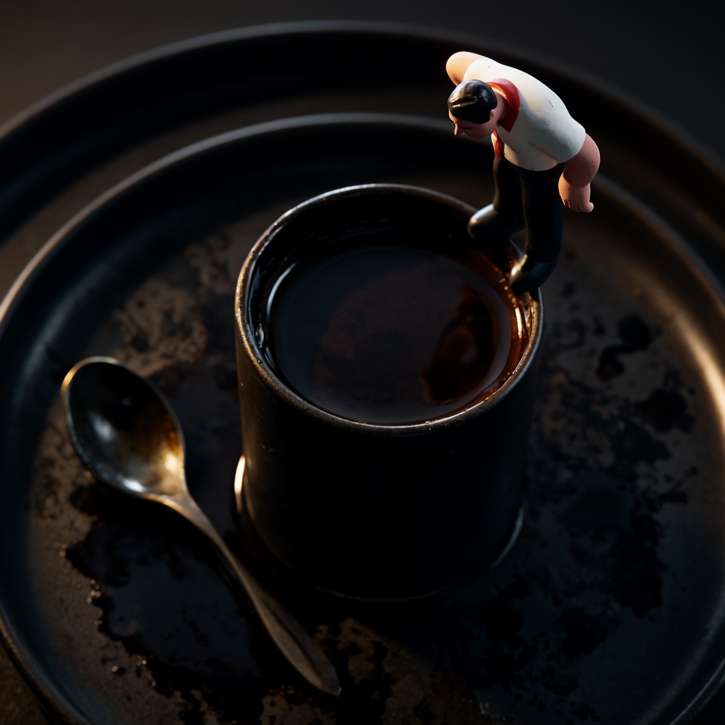A tiny person standing on the rim of a coffee cup, looking d