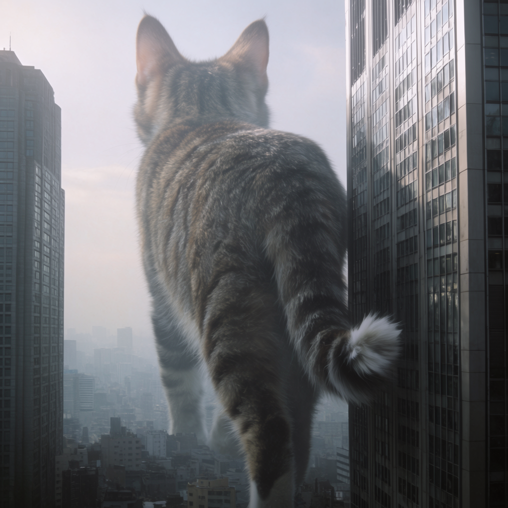 A giant tabby cat walking between city skyscrapers like a ka