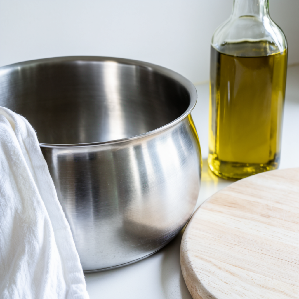 A kitchen counter with a stainless steel pot, a wooden cutti