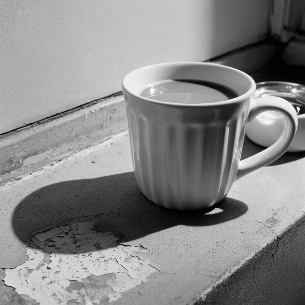 A coffee mug on a sunny windowsill casting a sharp shadow to