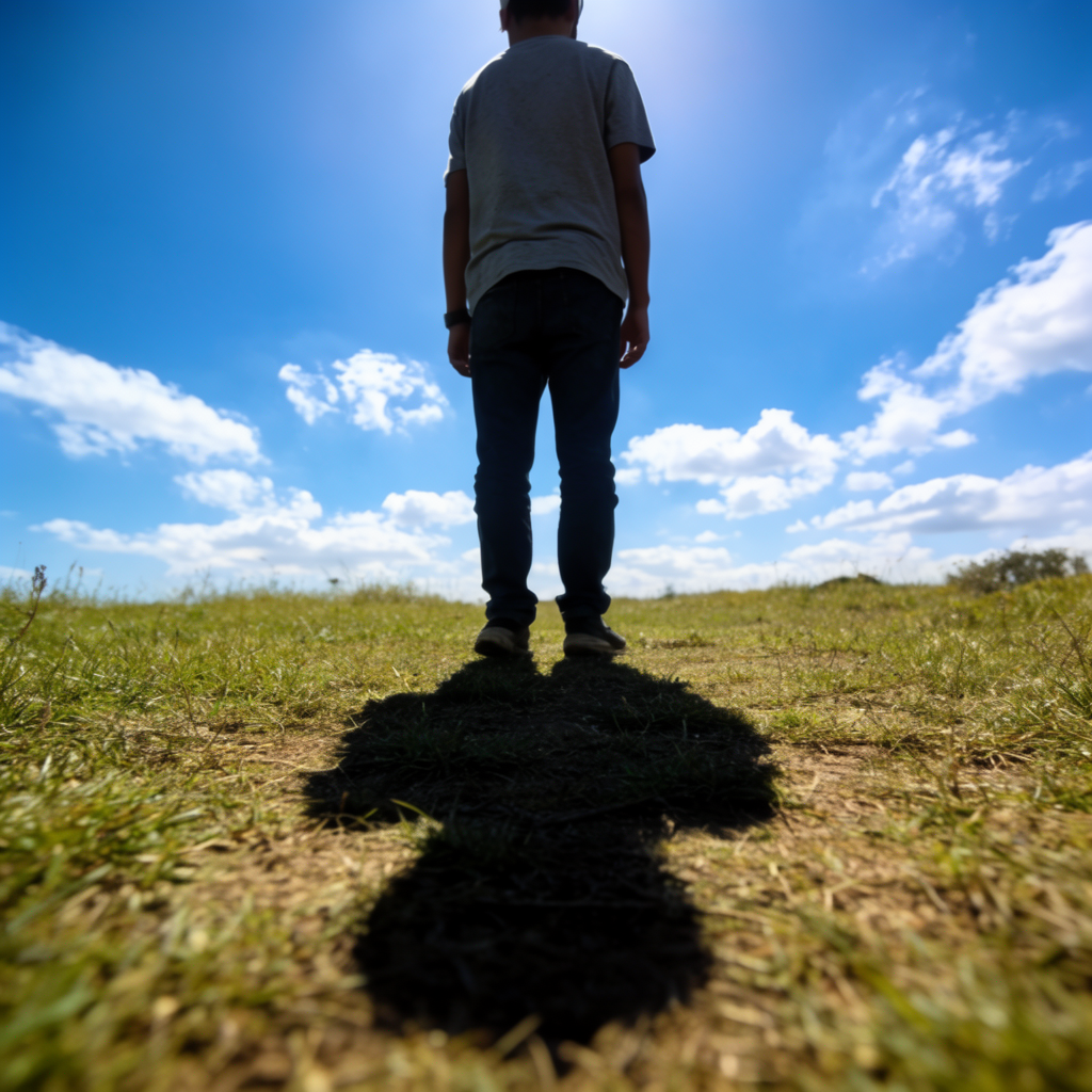 A person standing outdoors at midday with a short shadow dir